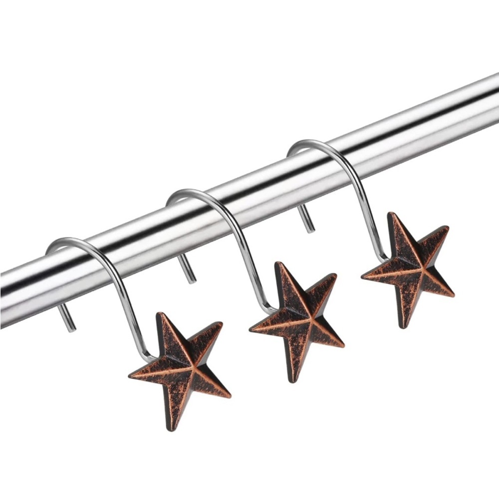 Star Decorative Rustic Shower Curtain Hooks for Home Bathroom, Set of 12, Brown